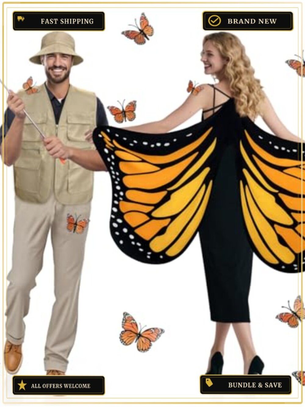 Monarch Butterfly Wings Cape and Catcher Couple Costume Set